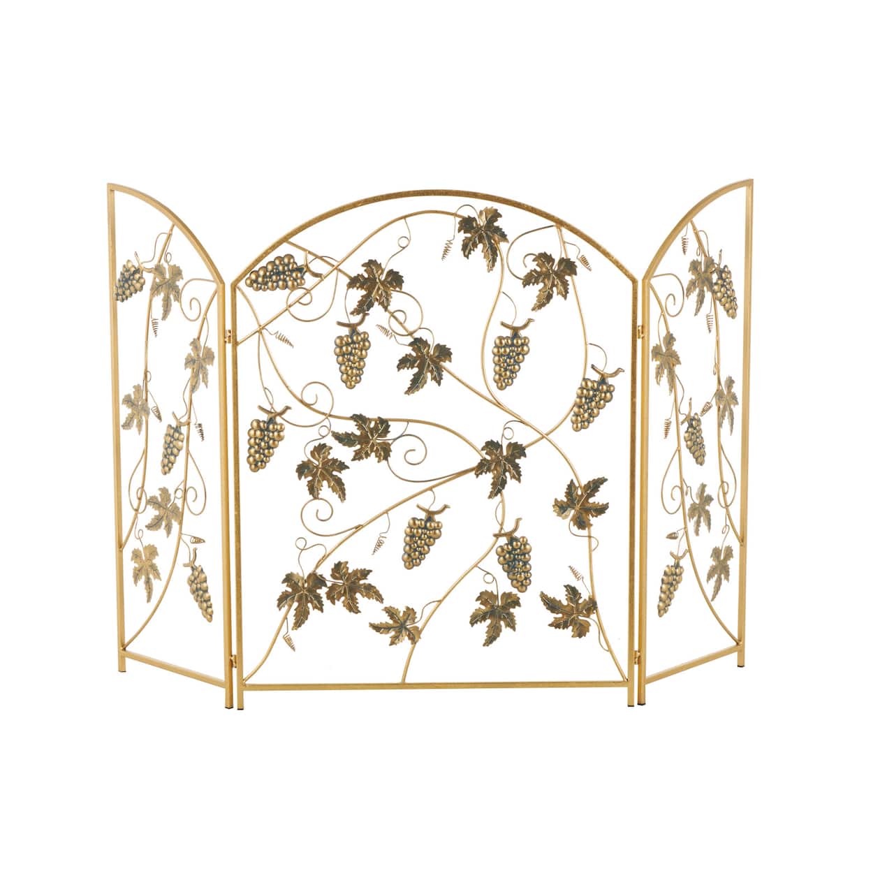 36" Gold Metal Fruit Foldable 3-Panel Fireplace Screen with Leaf Accents